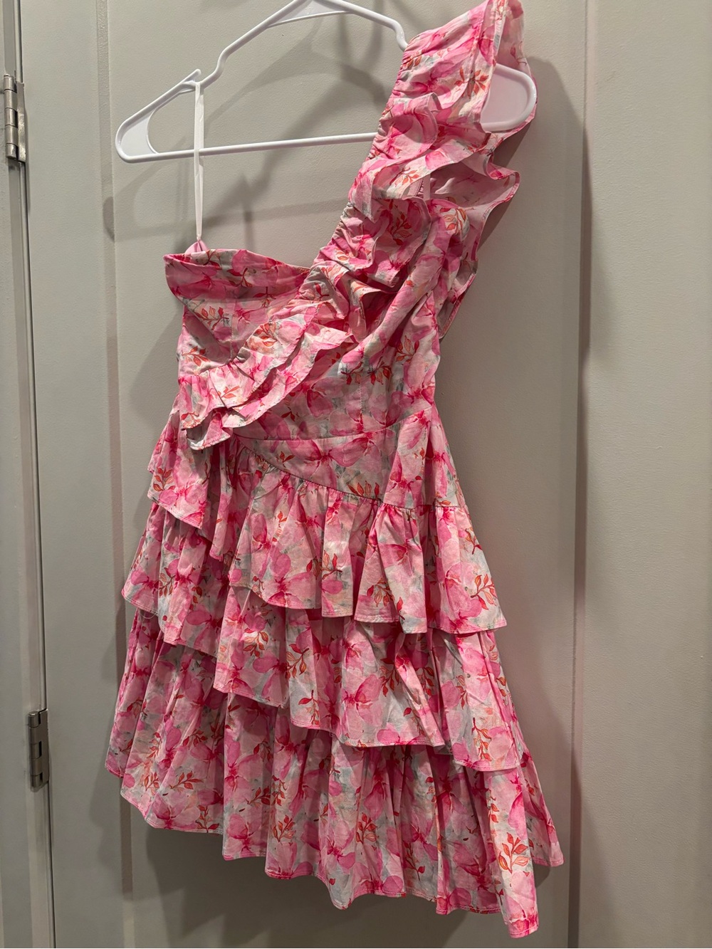 Hello Molly Pink Floral Ruffle One-Shoulder Party Dress